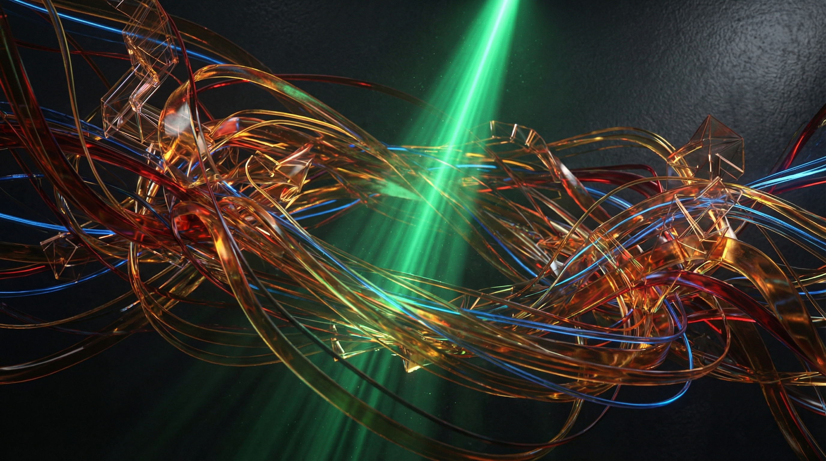 Tangled glass cables with one clean green signal cutting through